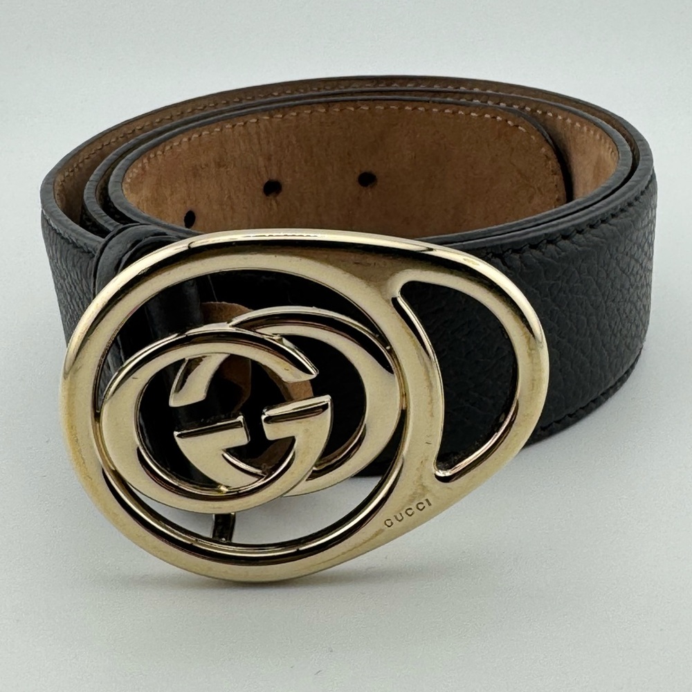 Authentic Gucci Gold-Tone GG Interlocking Leather Belt Buckle 80-32 NEW